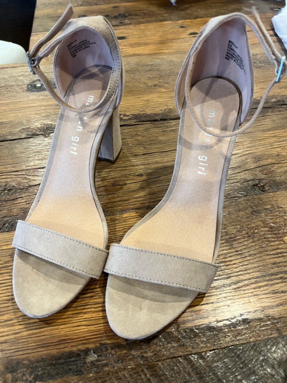 Madden Girl Beige Suede Block Heel Sandals with Ankle Strap